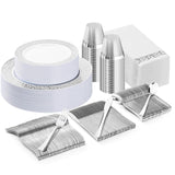 Bestluck 175PCS Silver Plastic Dinnerware Set for 25 Guests, Disposable Lace Plates for Party, Includes: 25 Dinner Plates, 25 Dessert Plates, 25 Silver Silverware Set, 25 Cups, 25 Napkins