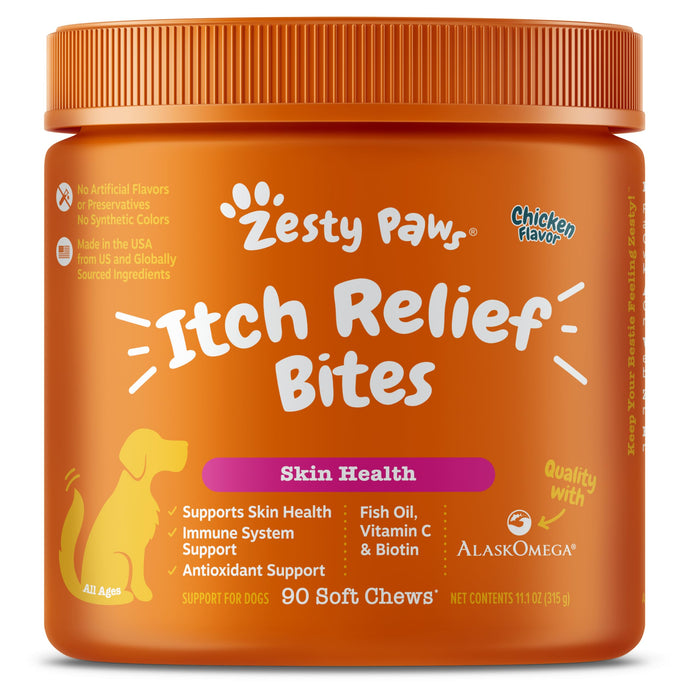 Zesty Paws Itch Relief for Dogs - for Itching Skin & Coat Health - Omega-3 Fish Oil with EPA & DHA - Dog Bites Supplement with Vitamin C & E for Antioxidant Support - Chicken Flavor - 90 Count