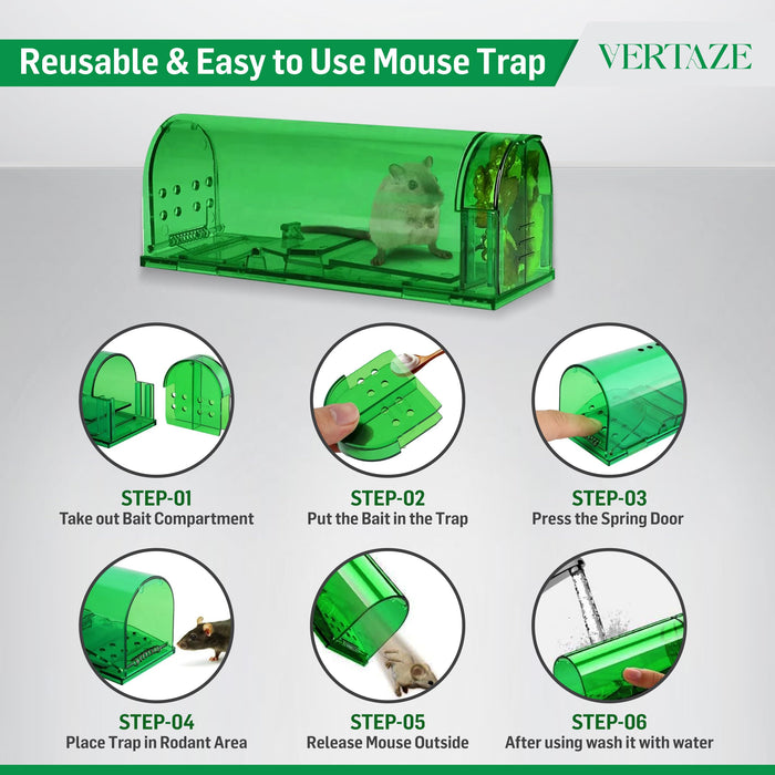 Vertaze Humane Mouse Traps Indoor for Home | Catch and Release Reusable No Kill Multiuse Live Mouse Traps for Indoor/Outdoor Use | Safe for Family and Pets Easy Set (4 Pack)