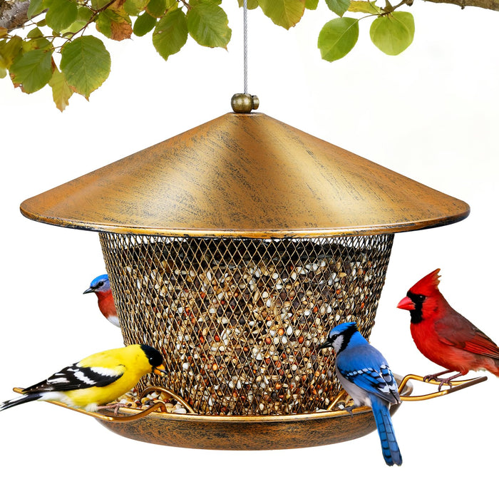 Samhe Metal Bird Feeder for Outdoor Hanging, Heavy Duty Waterproof Bird Feeder for Outside with 9.8" Roof, 3.5 LBs Seeds Capacity, Easy to Fill & Clean