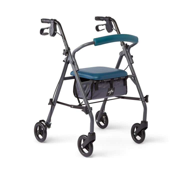 Medline Rollator Walker with Seat and Wheels, Folding Walker for Seniors with Microban Protection, Durable Steel Frame Supports up to 350 lbs, 6 inch wheels, Teal