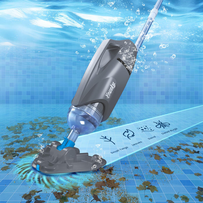 Cordless Pool Vacuum for Above Ground Pool with Telescopic Pole, 18.5 GPM Powerful Suction, 45 Mins Runtime, Rechargeable Handheld Pool Cleaner with 2 Brush Heads for Inground Pools