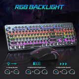 Typewriter Mechanical Gaming Keyboard and Mouse, Metal Panel Retro Keyboard with Round Keycap Blue Switch, RGB Backlit 104 Keys Anti-Ghost Wired Keyboard Mouse and Pad Combo for PC Laptop Mac Gamer