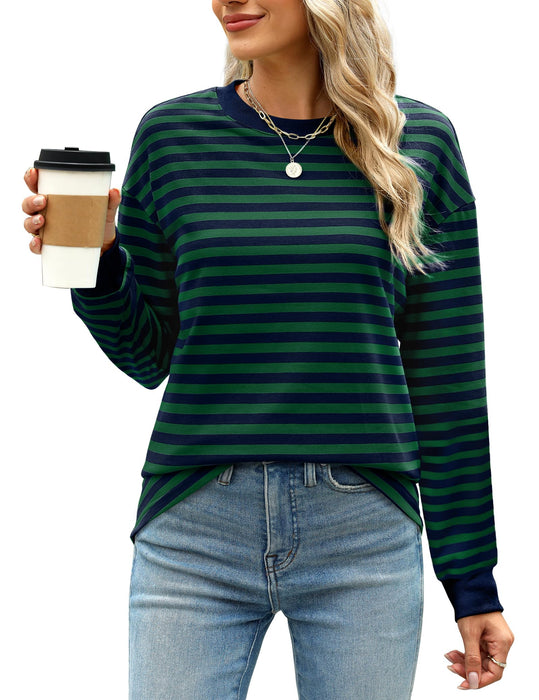 WIHOLL Christmas Shirts for Women Casual Long Sleeve Tunic Tops Striped Sweatshirt Dark Green L