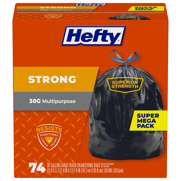 Hefty Strong 30 Gallon Trash Bags with Drawstrings, Black, Unscented, 74ct