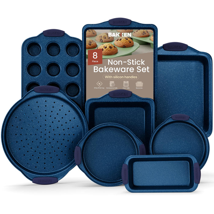BAKKEN Kitchen Baking Pan Set - Nonstick Coating, Carbon Steel Bakeware Sets with Blue Silicone Handles, Baking Kitchen Essentials, PFOA, PFOS, PTFE Free, Oven Safe Tray (Up To 450° F), Set of 8