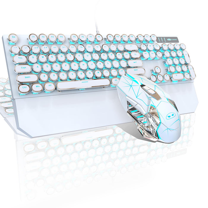 Typewriter Mechanical Gaming Keyboard and Mouse Combo, Retro Punk Round Keycap Blue LED Backlit USB Wired Computer Keyboard for Game and Office, for Windows Laptop PC, Red Switches(White)