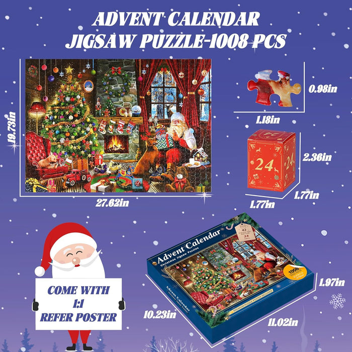 Advent Calendar Puzzle Christmas Puzzle for Adults and Kids-Christmas Surprise, 24 Days 1008 Pieces Christmas Calendar Countdown Advent Puzzle, Christmas Gifts for Kids Teens Adults(27.6 in x 19.7 in)