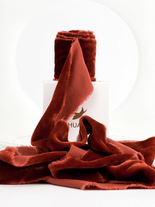 HUIHUANG Rust Red Velvet Ribbon 2 inch Handmade Fringe Ribbon Frayed Silk Velvet Ribbon for Flower Bouquet, Gift Wrapping, Invitations, Holiday Christmas Decor, Wedding Bridal Shower Decor-3 Yards