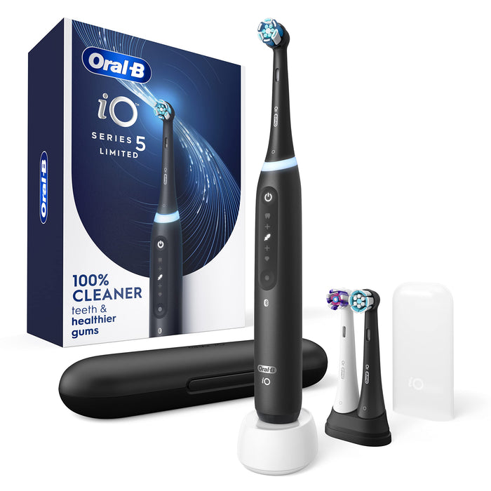 Oral-B iO Deep Clean + Whiten Rechargeable Electric Toothbrush with Visible Pressure Sensor, 2 Minute Timer, 5 Cleaning Settings, 1 iO5 Limited, 3 Toothbrush Heads, Travel Case & Refill Holder, Black