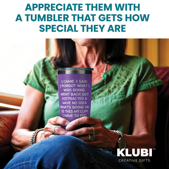 KLUBI Fun Birthday Gifts for Women - I Came I Saw I Forgot Tumbler 20oz Purple Drinking Cups for Elderly Senior Citizen Tumbler I Came I Saw I Forgot Coffee Mug 40 Year Old Gag Gift for Female Her