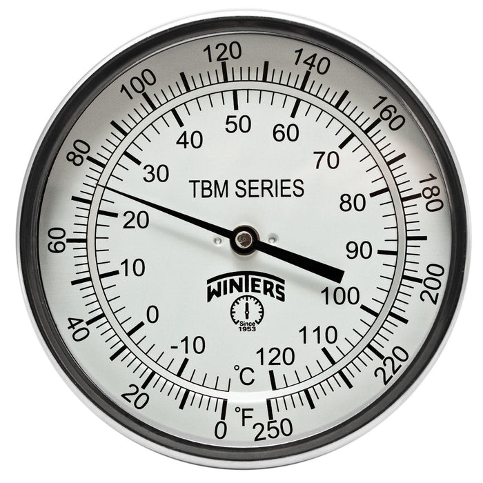 Winters TBM Series Stainless Steel 304 Dual Scale Bi-Metal Thermometer, 4" Stem, 1/2" NPT Fixed Center Back Mount Connection, 5" Dial, 0-250 F/C Range