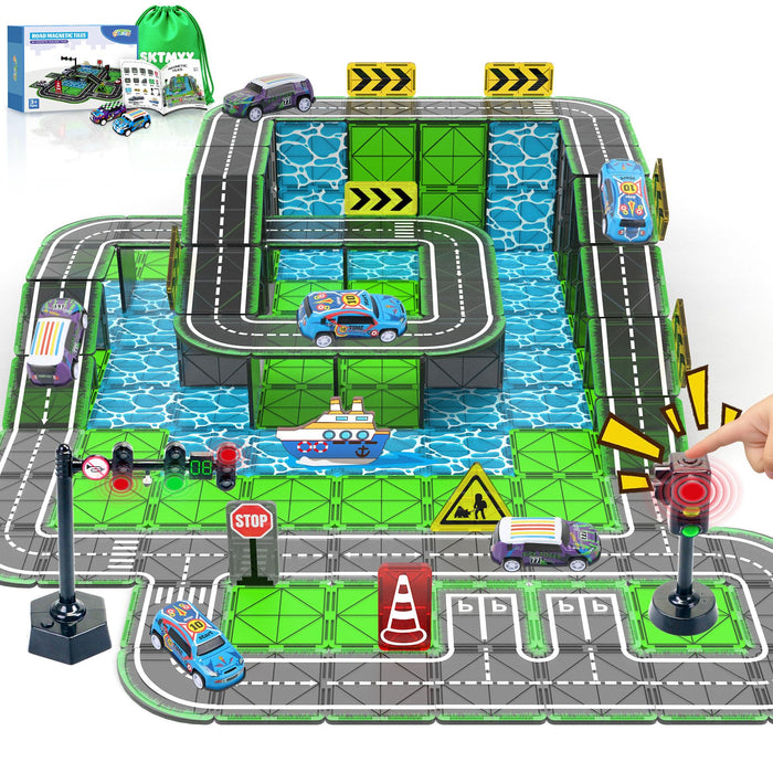 Road Magnetic Tiles with Traffic Light & Cars for Kids Ages 4-8, Boy Toys