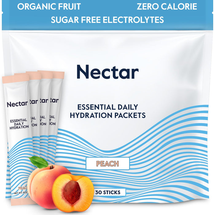 Nectar Hydration Packets - Electrolytes Powder Packets - Sugar Free & 0 Calorie - Organic Fruit Liquid Daily IV Hydrate Packets for Dehydration Relief & Rapid Rehydration (Peach 30 Pack)