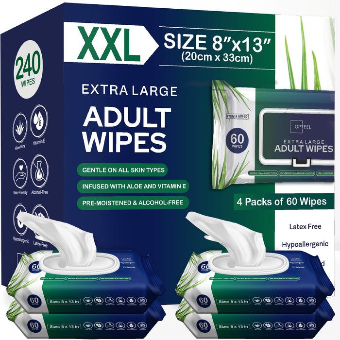 Adult Wipes For Elderly - 8"x13" 240ct (4 Packs of 60) Huge & Soft Body Wipes for Adults Bathing No-Rinse - Incontinence Disposable Washcloths, Vitamin E & Aloe Infused Shower Wipes.