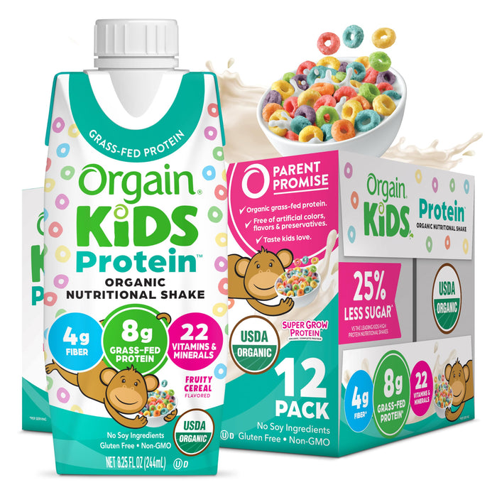 Orgain Organic Kids Nutritional Protein Shake, Fruity Cereal, Healthy Kids Snacks 8g Dairy Protein, 4g Fiber, 22 Vitamins & Minerals, Gluten Free, Non-GMO, 8.25 Fl Oz (12 Pack) (Packaging May Vary)
