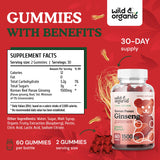 Wild & Organic Korean Panax Red Ginseng Gummies - Energy & Brain Supplements Gummy Vitamins - Memory, Mental Focus & Immune Support Vegan Supplement - 1500 mg 60 Chews