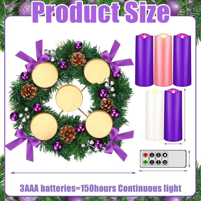 Tioncy 12 Inch Christmas Advent Wreath Candle Holder with 5 Candles Remote Control Purple Ribbon Christmas Wreath Advent Candle Holder Centerpiece Decoration with Berries(Trendy, 8 x 3 x 3 in)