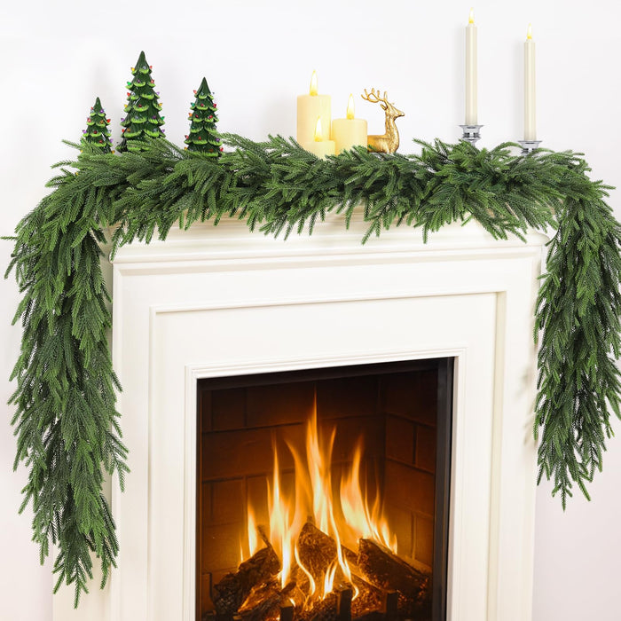 TOWPONICS 12FT（2 * 6FT） Christmas Norfolk Pine Garland, Real Touch Faux Green Garlands, Winter Artificial Greenery Garland for Mantle, Stairs, Table, Fireplace, Indoor & Outdoor Xmas Decorations