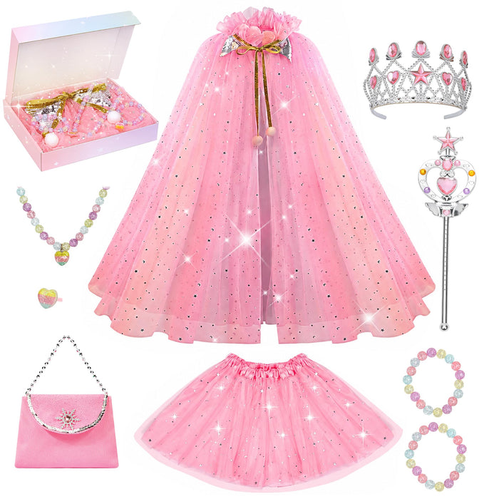 Meland Princess Dress Up for Girls 3-8, Princess Cape with Crown & Tutu Skirt, Birthday Gift for Girls 3 4 5 6 7 8 Years Old, Toys for Toddler Kids Pretend Play, Halloween Costume, Christmas, Party