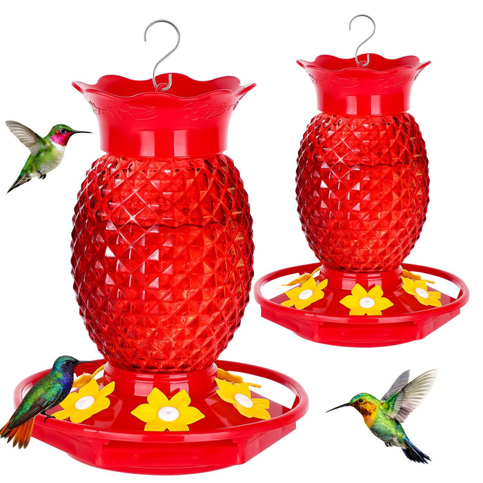 Fchstaer Glass Hummingbird Feeders for Outdoors Hanging 16oz 2 Pack Red Pineapple Bee & Ant Proof 360°Perch Leakproof Easy Clean with 6 Feeding Ports Gifts for Mom