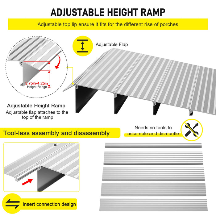 Door Threshold Ramp 4" Rise Door Ramp Aluminum Entry Ramp or Doorways Rated 800 lbs Load Capacity forWheelchair Scooters Power Chairs Walkers Metallic