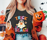 Halloween Teacher Shirt Women Trick or Teach Shirts Cute Spooky Teacher T-Shirt Ghost Pumpkin Top Fall Shirt(DarkGrey2, Small)