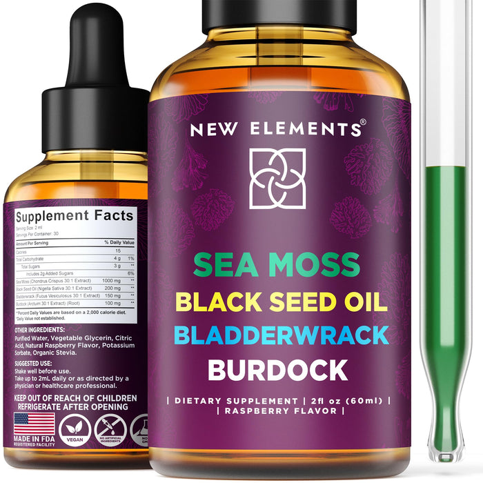 Organic Sea Moss Liquid Extract with Black Seed Oil, Bladderwrack & Burdock Root | 1000mg Irish Sea Moss Drops | 4 in 1 Advanced Formula 4X Stronger | Raspberry Flavor | Vegan | Non-GMO | Gluten-Free