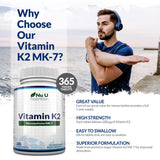 Vitamin K2 MK 7 200mcg - 365 Vegan Tablets (not Capsules) - 1 a Day - 1 Year Supply - High Strength VIT K2 Menaquinone - Made in The UK - Nu U Nutrition