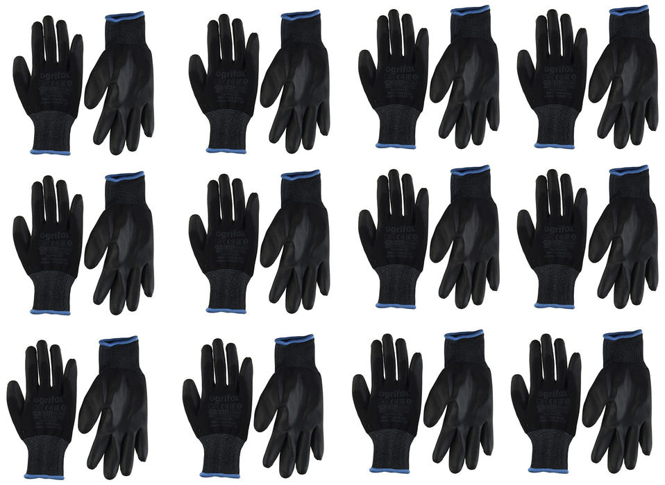 Ogrifox 12.24 PAIRS BLACK NYLON PU COVERED WORK GLOVES FOR GARDENING WORKSite & Mechanics by AJS workwear LTD.