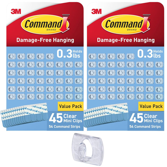 Command Indoor Mini Light Clips, Damage Free Hanging Christmas Light Clips, Mini Wall Clips for Hanging Indoor Christmas Decorations, Lights and Cables, 90 Clear Clips and 108 Strips