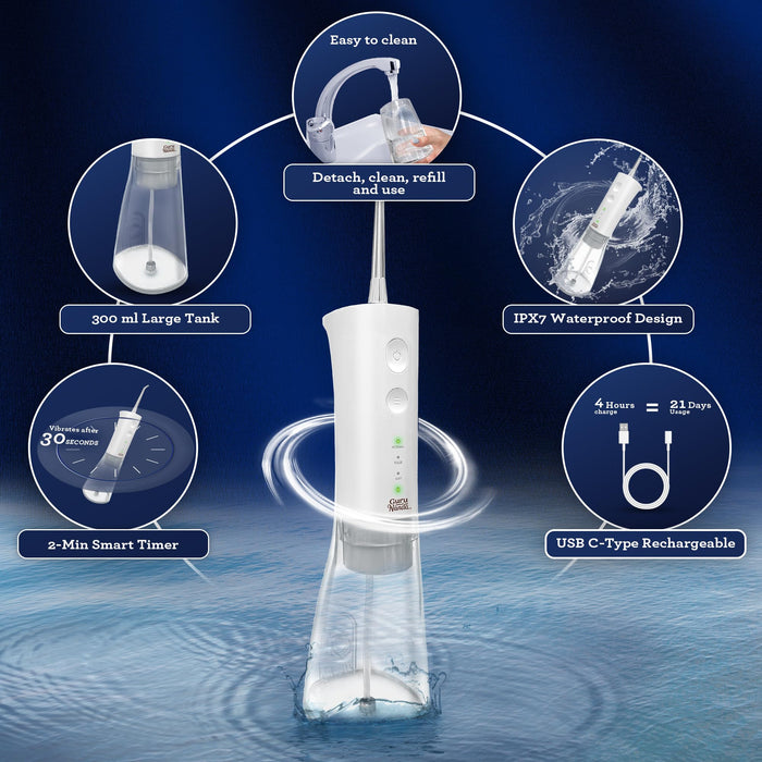 Gurunanda Advanced Dental Water Flosser 2.0 - Cordless & Portable - 300 ml Water Tank, 3 Modes, Rechargeable for Healthy Teeth & Gums