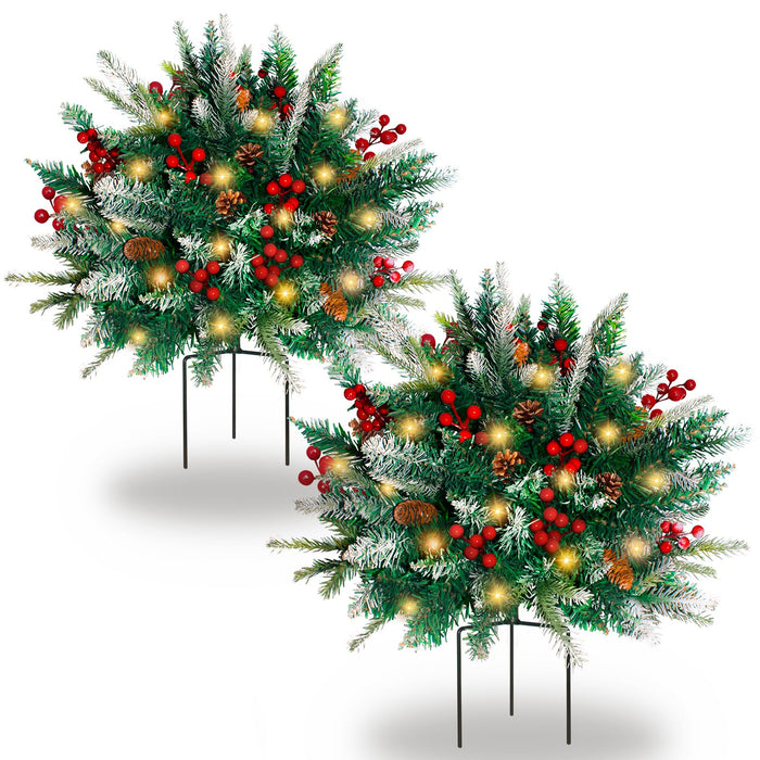 2 Pack Lighted Artificial Christmas Urn Filler, Battery Operated Pre-lit Xmas Pine Trees, Tripod Stake and 60 LED Lights, Holiday Porch Decorations for Porch, Yard, Garden, Flower Beds（Warm White）