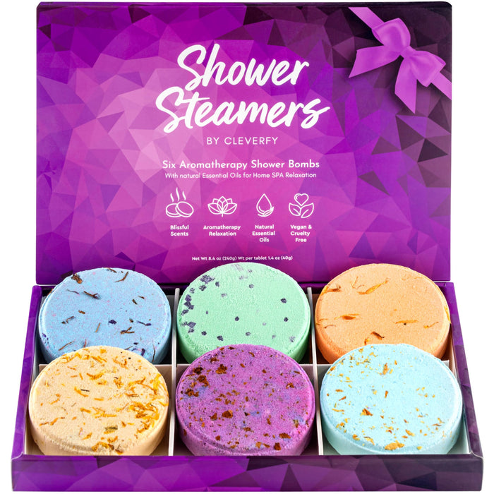 Cleverfy Shower Steamers Aromatherapy - Box of 6 Premium Shower Bombs with Essential Oils. Self Care Christmas Gifts for Women and Stocking Stuffers for Adults and Teens. Purple Set