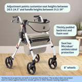 Medline Premium Empower Rollator Walker with Seat, Comfort Handles and Thick Backrest, Folding Walker for Seniors, Microban Protection, 8" Wheels, White Frame