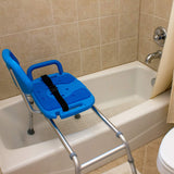 Sliding Shower Chair HydroGlyde Premium Heavy Duty, Padded Bathtub Transfer Bench with Cut Out Seat, for Bath Tub, Adjustable Legs, and Safety Belt, Quick Tool-Less Assembly, Blue