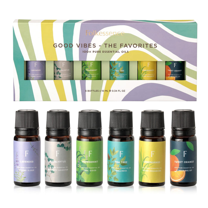 Folkulture Essential Oil Set for Diffuser, Set of 6 Pure Essential Oils for Diffusers for Home, Aromatherapy Diffuser Oil Scents - Lavender Peppermint Tea Tree Orange Lemongrass Eucalyptus -Good Vibes