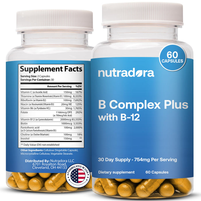 Nutradora Vitamin B Complex with Vitamin C - B Complex Vitamins for Men and Women, 11-in-1 B-Complex for Brain & Energy Support, Immune & Nervous System Support - Non-GMO, 60 Vegetarian Capsules