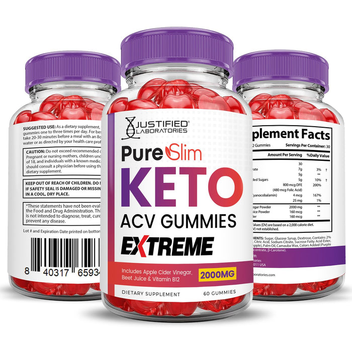 (2 Pack) Pure Slim Keto ACV Gummies Extreme 2000MG PureSlim Keto Gummies Advanced Formula Apple Cider Vinegar with Pomegranate Beet Juice Powder B12 Vegan Non GMO 120 Gummys