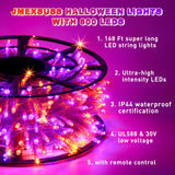 JMEXSUSS 168ft 600 LED Halloween String Lights Outdoor, Orange and Purple Halloween Lights Clear Wire, 8 Modes Waterproof Christmas Twinkle String Lights Plug in for Tree Halloween Decorations