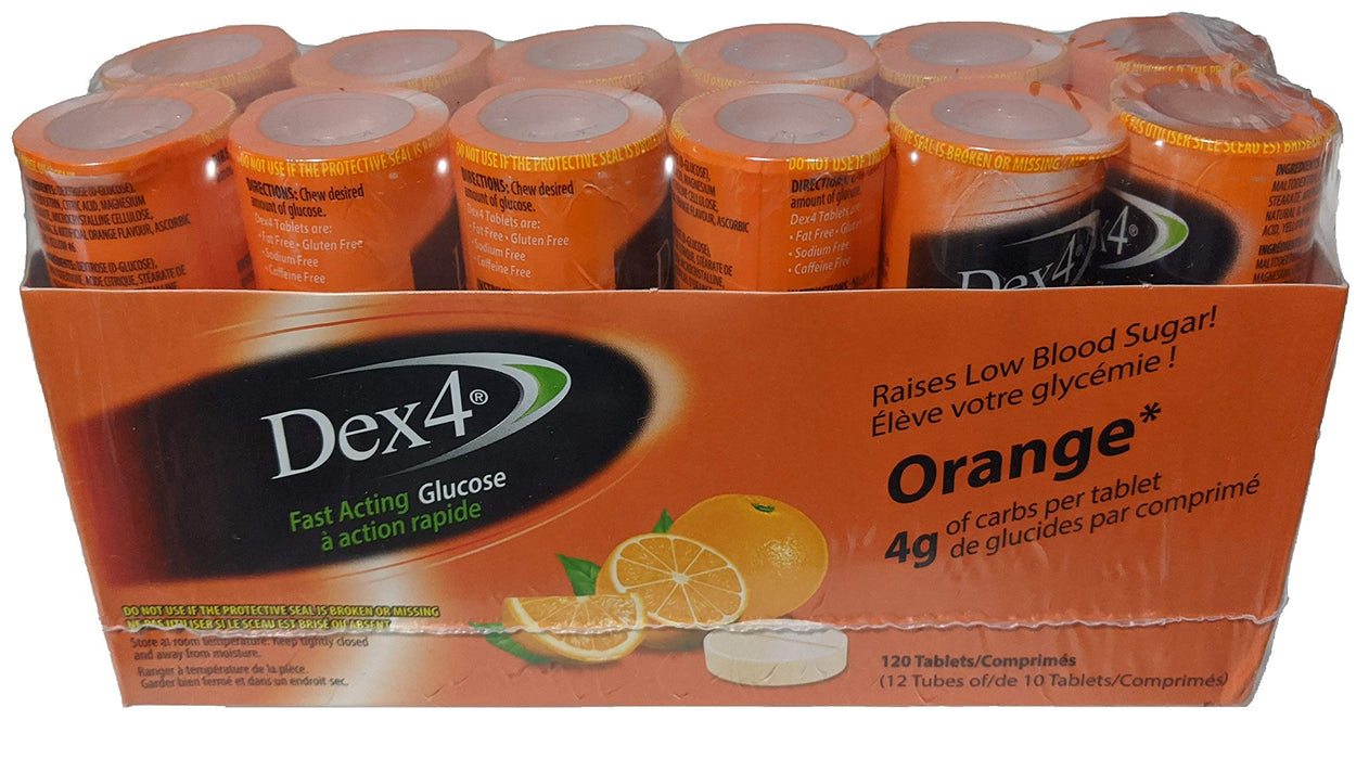 Dex4 Glucose Tablets, Orange, 12-Pack of Dex4 Tubes, 10 Tablets in Each Tube, Each Tablet Contains 4g of Fast-Acting Carbs