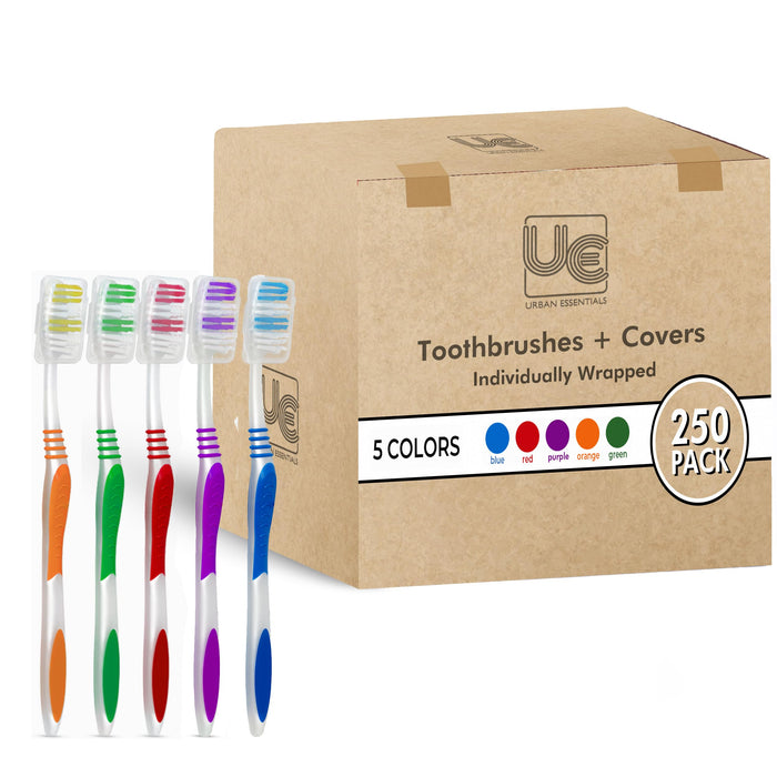 Urban Essentials Bulk Toothbrush Package with Covers | Premium Quality Individually Wrapped Colorful Tooth Brush Pack | Extra Soft Toothbrush Having Hygienic Cap with Ergonomic Handle (250 Pack)