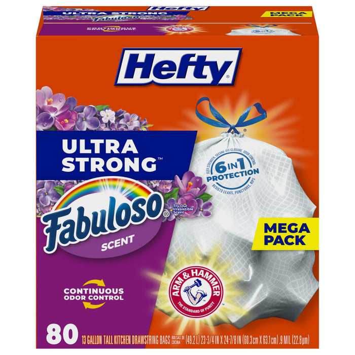 Hefty Ultra Strong 13 Gallon Trash Bags, Tall Kitchen Trash Bags 13 Gallon Size, Resist Leaks, Punctures, and Rips, Continuous Odor Control, White, Fabuloso Scent, 80 Bags