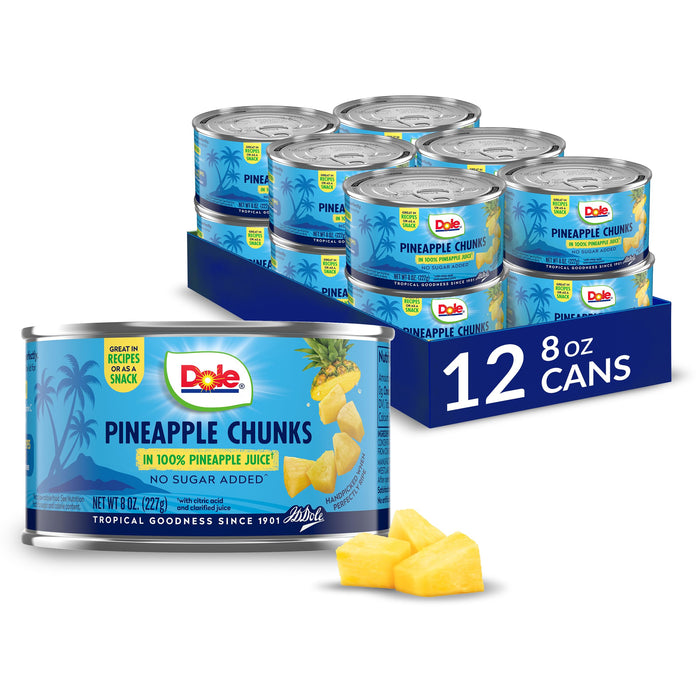 Dole Canned Fruit, Pineapple Chunks in 100% Pineapple Juice, Gluten Free, Pantry Staples, 8 Oz, 12 Count, Packaging May Vary