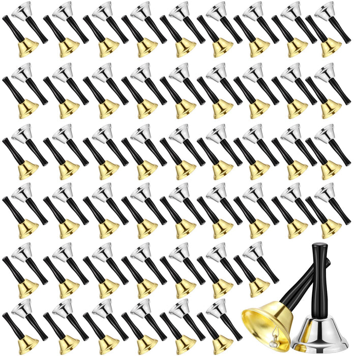Fumete 100 Pcs Metal Ringing Bells Wedding Bells Dinner Service Call Bell Steel Handbells with Wooden Handle for Wedding Decors Schools Musical Percussion the Sick Elderly Alert(Silver, Gold)