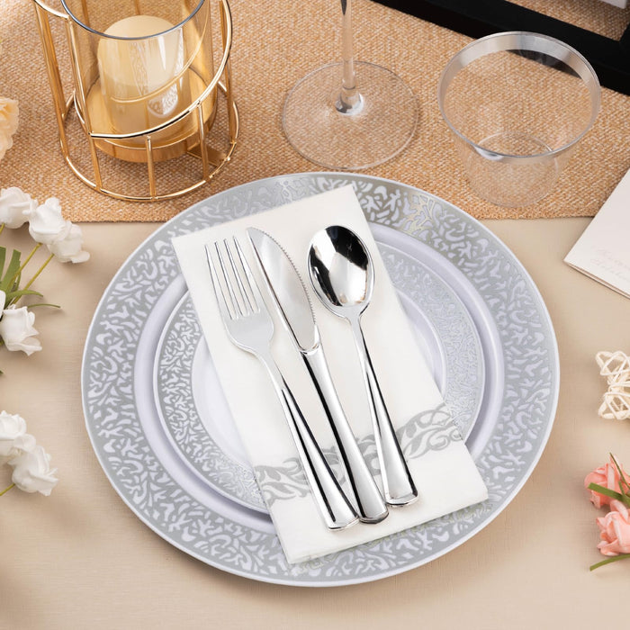 Bestluck 175PCS Silver Plastic Dinnerware Set for 25 Guests, Disposable Lace Plates for Party, Includes: 25 Dinner Plates, 25 Dessert Plates, 25 Silver Silverware Set, 25 Cups, 25 Napkins