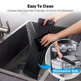 EMBATHER Roll Up Dish Drying Rack Over The Sink, 17.5'' x 11.2'' Dish Drying Rack for Kitchen Counter, Multipurpose Silicone Wrapped Foldable Kitchen Drainer Rack, Anti-Slip, Black