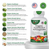 Organic Superfood Greens Fruits and Veggies Complex with Ashwagandha - 2 in 1 Supplement with 14 Greens and 14 Fruits & Vegetables with Organic Ashwagandha Rich in Antioxidants - Non-GMO 90 Tablets