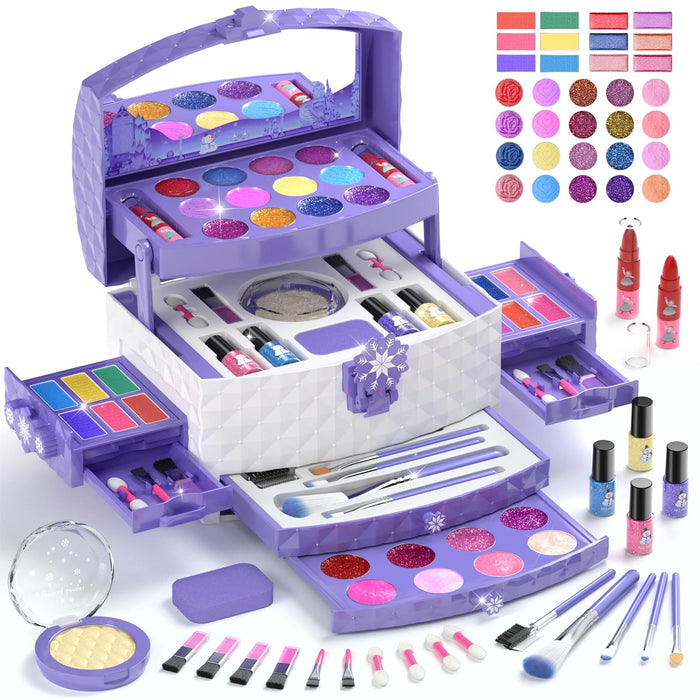 PERRYHOME Kids Makeup Set for Girl 56 Pcs Washable Real Cosmetic, Safe & Non-Toxic Frozen Toys Toddler Makeup Kit, Frozen Princess Dress up Game Christmas & Birthday Girl Gift for 3-12(Frozen Purple)