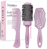 Hair Brush Set For Women - Fiora Naturals Hair Detangler Brush, Round Brush, and Comb Set - Bio-friendly Hairbrushes for Detangling and Blow Drying - For All Hair Types, Natural, Fine & Curly.